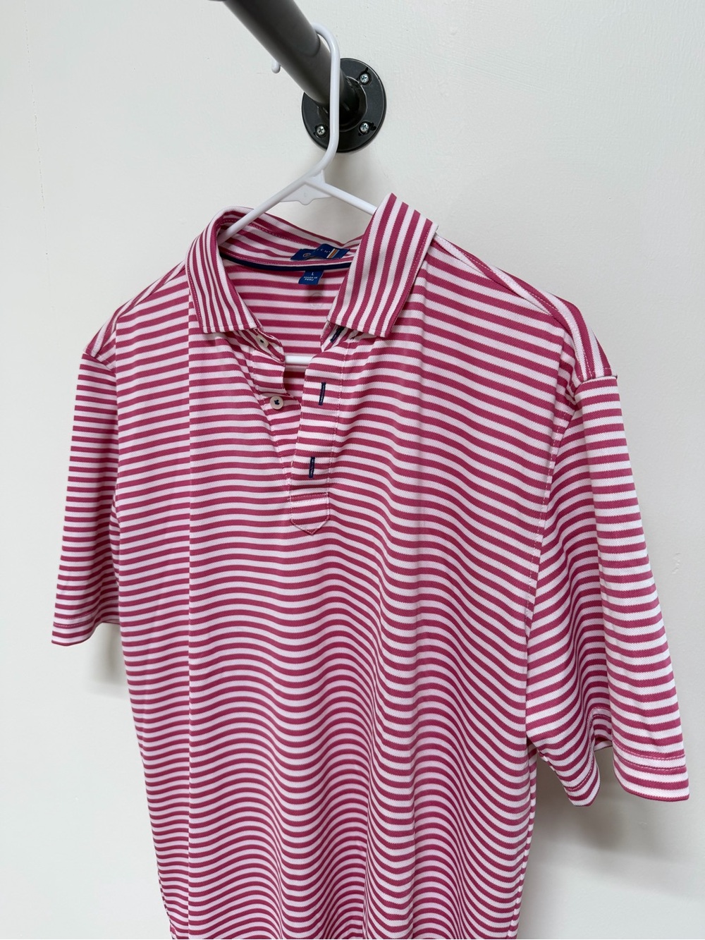 Stitch Golf Men's Striped Polo Shirt in Pink and White
